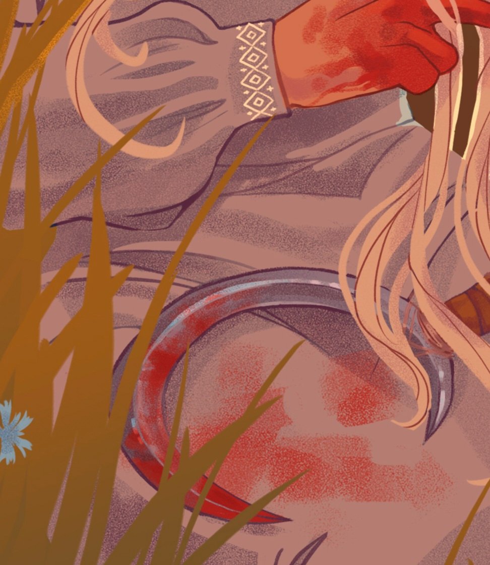 Иллюстрация из журнала «Сцежкамі міфаў», где видны руки девушки в крови, а рядом на платье лежит окровавленный серп.